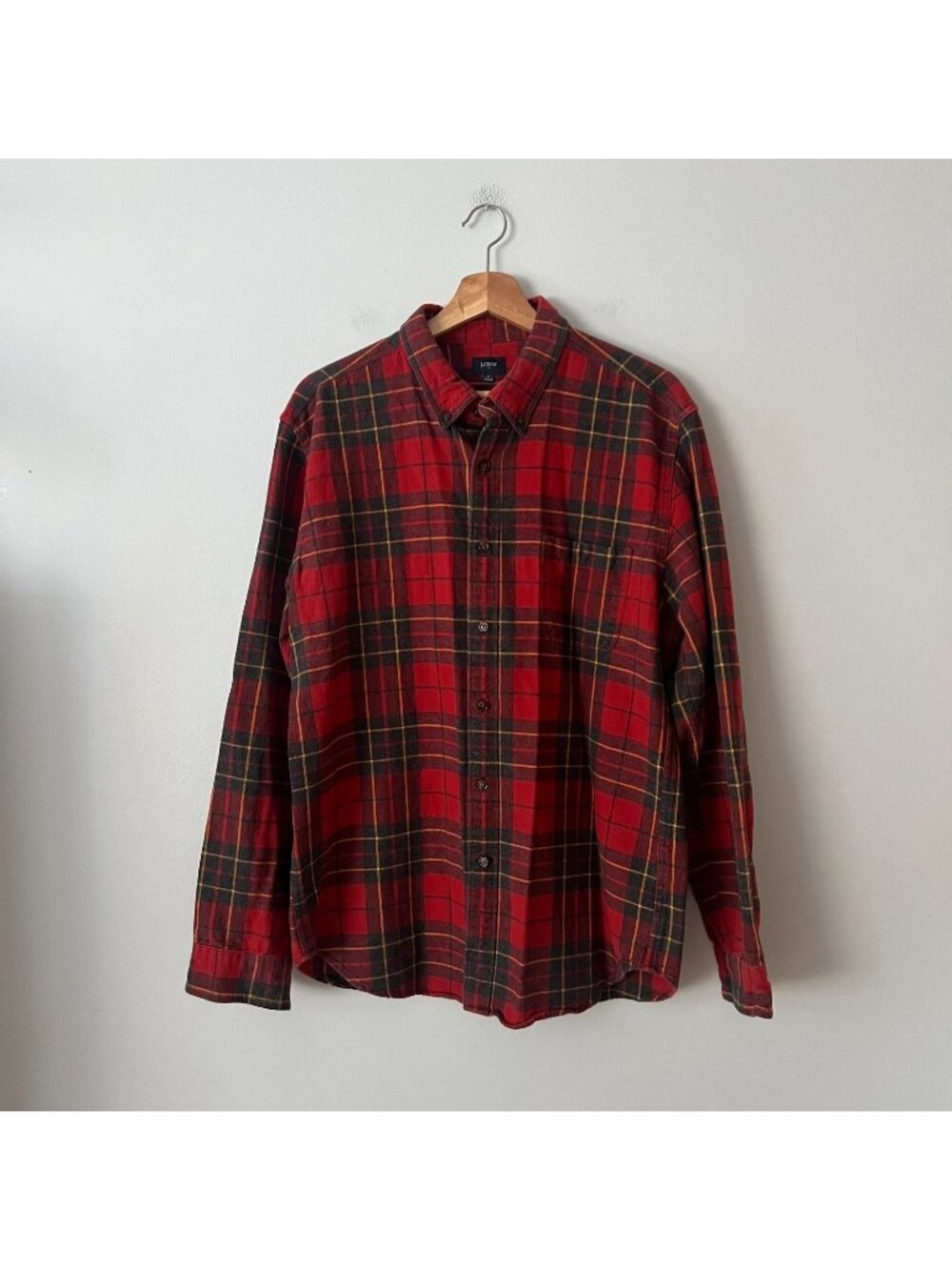 J. Crew Red Plaid Rugged Elbow Patch Button Up Flannel Shirt Men's Size XL